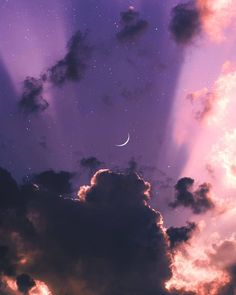 the sky is filled with clouds and stars as the moon shines in the distance