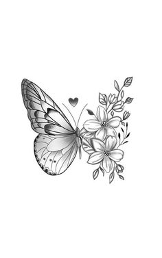 a black and white drawing of a butterfly with flowers