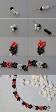 the instructions for making beaded necklaces are shown in different stages and sizes, including beads