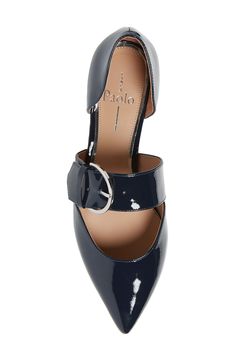 A wide strap with gleaming buckle hardware secures a fashion-forward pointy-toe flat in a d'Orsay silhouette. Adjustable strap with buckle closure Foam-cushioned footbed Leather upper and lining/rubber sole Imported Women's Shoes Pointy Toe Flats, Marine Blue, Shoe Lover, Valentino Studs, Wide Straps, Womens Flats, Nice Shoes, Dean, Patent Leather