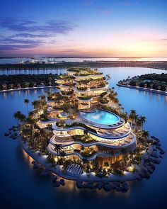 an aerial view of the resort at dusk