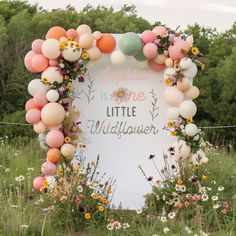 there is a sign that says happiness is one little wildflower surrounded by flowers and balloons