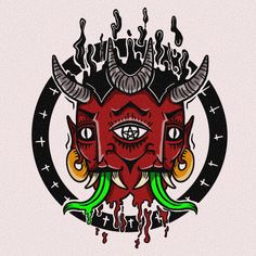 a red demon with horns and eyes on it's head is surrounded by flames