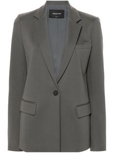 medium grey jersey texture notched lapels front button fastening shoulder pads long sleeves with split cuffs chest welt pocket two front flap pockets straight hem full lining Best Caps, Formal Outfits, Yoko London, Leather Cap, Breasted Blazer, Summer Beach Wear, Formal Outfit, Sneaker Heels, Ballet Flat Shoes