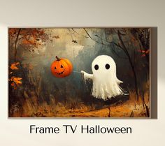 a painting of a ghost with a pumpkin in it's mouth and the words frame tv halloween