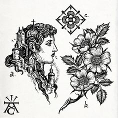 a drawing of a woman's face with flowers in her hair and an ornamental design