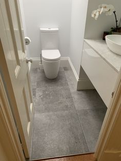 a white toilet sitting in a bathroom next to a sink