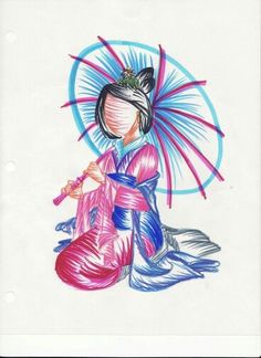 a drawing of a geisha sitting on the ground with an umbrella over her head