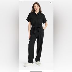 Brand New With Tags Although Missing The Belt You Could Add Your Own Belt Or Your Own Style Black Relaxed Fit Jumpsuits And Rompers, Black Jumpsuits And Rompers With Pockets For Work, Black Jumpsuits And Rompers For Spring Workwear, Black Relaxed Fit Overalls And Jumpsuits, Black Jumpsuit With Pockets For Workwear, Chic Black Cotton Jumpsuits And Rompers, Black Relaxed Fit Jumpsuit For Workwear, Universal Thread Jumpsuit, Target Jumpsuit