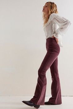 Colorful Jeans, Flare Courdory Pants, Corduroy Pants Flare High Waist, Free People Jayde Flare, Brown Corduroy Flare Pants, Free People Orange Flare Pants, Brown Flares, Wide Leg Jeans Outfit, Fall Jeans