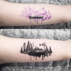 two tattoos with trees and the word summer written on one side of the arm that is covered in purple ink