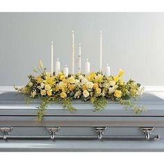 Yellow Flowers, Candles and Rosary Sympathy Casket Spray - Flowers by Pouparina Casket Flowers, Ivory Pillar Candles, Sympathy Arrangements, Flowers Candles, Grave Flowers, Casket Sprays, Family Flowers