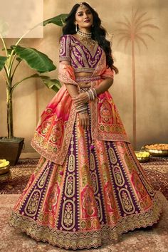 Multi Color Silk Fabric Bridal Lehenga Choli With Embroidery Work Multicolour Lehenga, Tulle Shawl, Multicolor Wedding, Indian Wedding Lehenga, Reception Lehenga, Lehenga Wedding, Pretty Skirts, Lehenga Choli Online, Embroidered Bodice