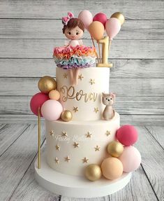 a three tiered cake decorated with balloons and a girl on top