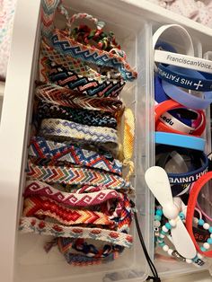 drawer of colorful summer string bracelets Thread Bracelet Making, Colorful Bracelets Aesthetic, Braclet Inspiration String, String Bracelet Aesthetic, Handmade Braided Bracelets As Summer Gifts, Bracelet String, Friendship Bracelets String, Friendship Bracelet Colors