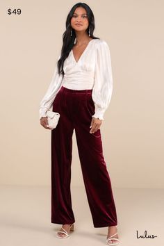 Introduce the Lulus Posh Idea Plum Velvet High-Rise Straight Leg Trouser Pants to your wardrobe this season to create a whole new range of ensembles! Plush velvet shapes these trend-setting pants that have a high-rise, banded waist, belt loops, and hidden clasp closure above a zipper fly. The straight, ankle-length pant legs boast tailored pleated detailing, diagonal front pockets, and decorative welt pockets at the back. Style with some strappy heels for a fun and sleek going out 'fit! Fit: This garment fits true to size. Length: Floor length. Size medium Inseam: 32.25 Front Rise: 12.50 Waist: Fitted - very fitted at natural waist. Hip: Loosely Fitted. Fabric: Fabric is very stretchy. Unlined. 95% Polyester, 5% Spandex. Hand Wash Cold. Do Not Bleach. Line Dry. Iron Low Heat. Imported. Lul Chic Velvet Wide Leg Pants, Chic Velvet Trousers, Chic Wide-leg Velvet Pants, Elegant Velvet Trousers, Chic Velvet Wide Leg Pants For Work, Chic High-waisted Velvet Pants, Elegant Straight Velvet Pants, Elegant Wide Leg Velvet Bottoms, Elegant Velvet Bottoms For Workwear