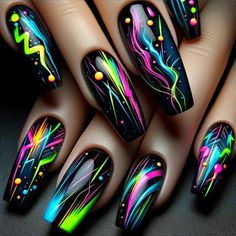 Black And Colorful Nails, Black With Neon Nails, Neon Acrylic Nails Designs, Cute Neon Nail Ideas, Neon And Black Nails, Black Neon Nails, Black Light Nails, Fun Neon Nails, Edc Nails Designs