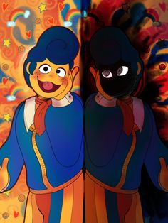 two cartoon characters standing next to each other in front of a colorful background with hearts