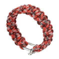 a red and black rope bracelet with two metal hooks on the clasp, against a white background