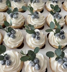 there are many cupcakes with frosting and berries on top that have green leaves