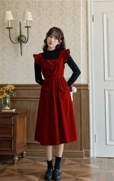 Velvet Frilly Bow Pinafore Dress (Red) – Megoosta Fashion Red Pinafore, Pinafore Dress Outfit, Black Pinafore Dress, Midi Pinafore Dress, Black Pinafore, Modest Clothing, Pinafore Dress, Casual Work Outfits, Ruffled Sleeves