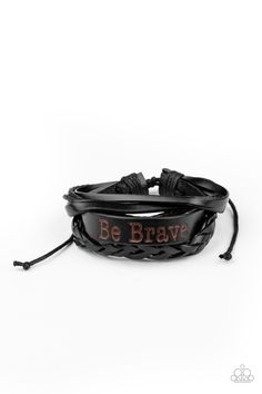 Mismatched strands of black twine and leather cords join a thick black leather band stamped in the phrase, "Be Brave," around the wrist for a rustically layered look. Features an adjustable sliding knot closure.

Sold as one individual bracelet. Sliding Knot Bracelet, Adjustable Sliding Knot, Paparazzi Accessories Jewelry, Sliding Knot Closure, Inspirational Bracelets, Knot Bracelet, Brave Soul, Sliding Knot, Black Bracelets