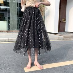 Cute Mesh Embroidery High Waist Dress Non-stretch Black Summer Skirt, Black Non-stretch Summer Skirt, Black Knee-length Summer Skirt, Midi Skirt Fashion, Mini Skirt Style, Mesh Embroidery, Skirt Elegant, Tulle Midi Skirt, Hip Clothes