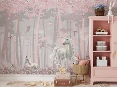 a child's room with pink furniture and wallpaper featuring a white horse in the woods