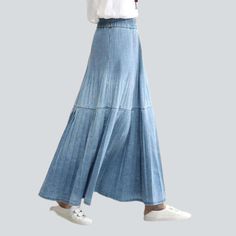 Introducing our bohemian pleated denim skirt from the 2023 Spring-Summer Collection. the perfect blend of boho and fashion!Why It's Your Must-HaveThis skirt is the perfect embodiment of chic boho style. Crafted with a folded design and a elongated length. it exudes an effortless elegance. while the ornamented detailing adds a touch of femininity. The high-waisted form and rubber closure provide a comfortable fit and a look that's sure to turn heads.Key Highlights: Bohemian Beauty: Capture the ti Spring Casual Ankle-length Maxi Skirt, Spring Ankle-length Casual Maxi Skirt, Non-stretch Denim Skirt With Frayed Hem, Trendy Long Denim Skirt For Summer, Non-stretch Denim Wide-leg Skirt, Non-stretch Denim Wide Leg Skirt, Non-stretch Wide Leg Denim Skirt, Hippie Style Skirt For Spring, Bohemian Washed Bottoms For Spring