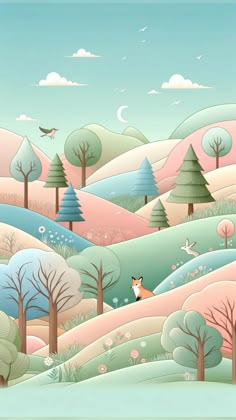 an illustration of a fox in the middle of a forest filled with trees and birds