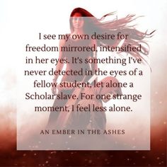 an ember in the ashes quote with image of woman on red and black background