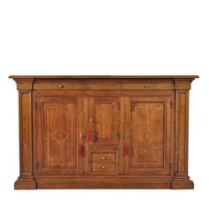 a wooden cabinet with two doors and drawers