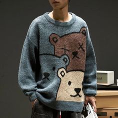 Super Cute Bear Sweater Soft And Comfortable Loose Fit For The Style Look Kawaii Sweater, Bear Sweater, Sweater Oversized, Sweater Oversize, Long Sleeve Pullover Sweater, Sweater Men, Cartoon Bear, Japanese Street Fashion, Cotton Coat