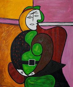 a painting of a woman sitting in a chair with her arm around a man's neck