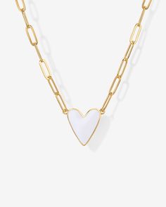 DescriptionAdd a vibrant touch to your everyday style with our captivating heart enamel pendant necklace. Featuring a cool enamel heart pendant suspended from an adjustable paperclip chain, it's a delightful addition to any outfit.Materials Enamel heart pendant 14K Yellow Gold or Rhodium plated Measurements: Chain Length: 19" sliding chain; Chain Width: 3mm; Heart Pendant: 15.3mm x 13.8mm Hypoallergenic; nickel, lead, and cadmium free Pink Enamel, Everyday Jewelry, White Enamel, Heart Pendant Necklace, Purple Gold, Everyday Style, Jewelry Organization, Quality Jewelry, Chain Lengths