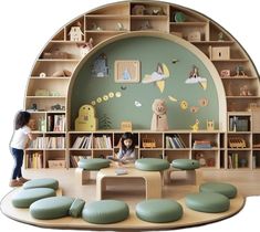 Kids Toy Room Design, Reading Corner Daycare, Kindergarden Interiors, Reading Space Design, Kindergarten Design Ideas, Kids Library Design, Kids Library Room Ideas, Play Space Ideas, Children Library Design