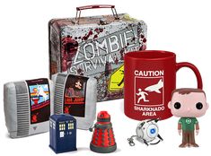 an assortment of toys including a doctor who mug and other items