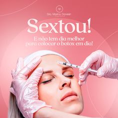 a woman getting botox injections on her face in front of a pink background