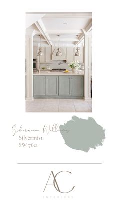 a white and gray kitchen with the words silvermistt on it's side