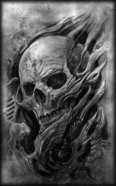 a black and white photo of a skull with flames coming out of it's mouth