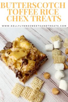 butterscotch toffee rice chex treats with marshmallows on the side