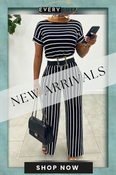 Round Neck Short Sleeve Stripe Print Straight Jumpsuit Striped Jumpsuits And Rompers For Summer Workwear, Casual Office Jumpsuits And Rompers For Spring, Striped Fitted Jumpsuit With Short Sleeves, Striped Fitted Short Sleeve Jumpsuits And Rompers, Chic Short Sleeve Jumpsuit For Office, Chic Striped Jumpsuits And Rompers For Work, Top Les, Jumpsuits And Romper, Color Pick