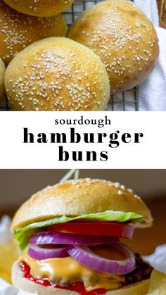 hamburger buns with lettuce, onions and cheese on top are shown in this collage