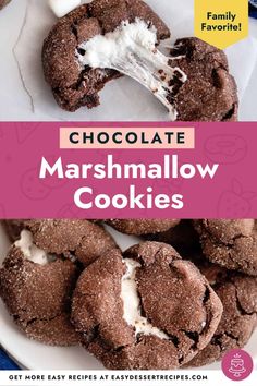 chocolate marshmallow cookies on a plate with the title overlay reads, chocolate marshmallow cookies