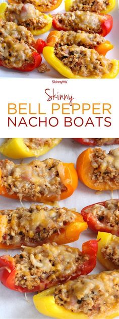 stuffed bell pepper nacho boats on a white platter with the title above it