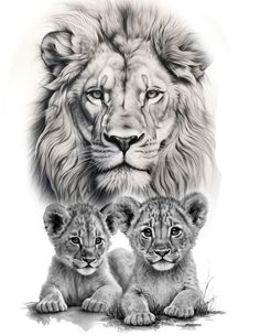 two lion cubs sitting next to each other in front of a black and white background