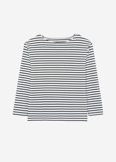 Color: Black Stripe Lightweight knit Relaxed fit Boat neck Drop shoulders Off the shoulder functionality Long sleeves Unlined 100% Cotton Machine Wash Cold By The Frankie Shop. Imported Classic Striped Crew Neck Top, Fitted Black Top With Boat Neck, Black Fitted Boat Neck Top, Striped Stretch Tops For Work, Chic Black Boat Neck Top, Fitted Black Boat Neck Top, Chic Striped Top With Ribbed Neckline, Chic Striped Tops With Ribbed Neckline, Striped Fine Knit Crew Neck Top