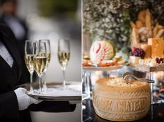 two pictures one with champagne, the other with cheese and crackers on trays