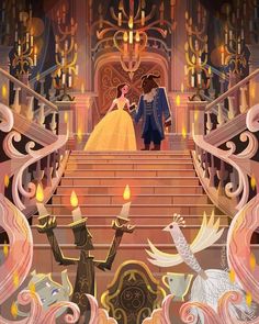 the princess and the frog are walking down the stairs in their wedding gowns,