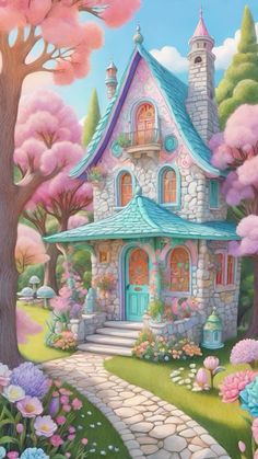 a painting of a house in the middle of flowers and trees with pink flowers around it